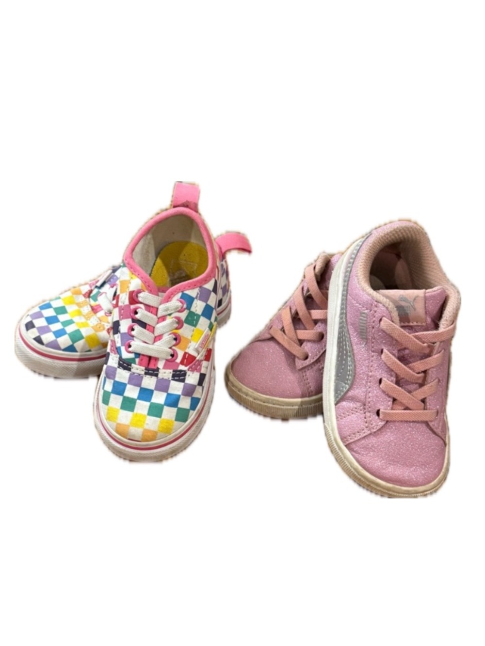 VANS/PUMA Sneakers Multicolor Check/Pink Glitter Slip On Shoes Little Girls 6